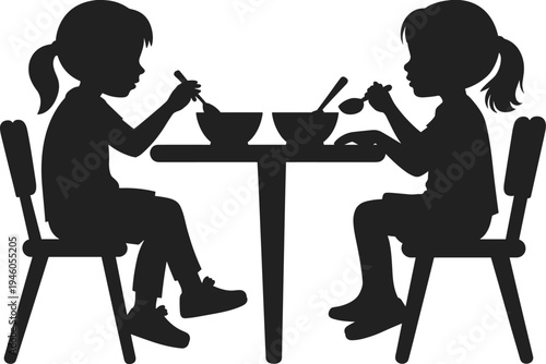 Children eating meal at table silhouette, kids dining together with bowls and spoons, family mealtime concept illustration