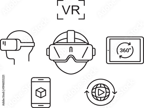 A collection of virtual reality icons and symbols on a white background