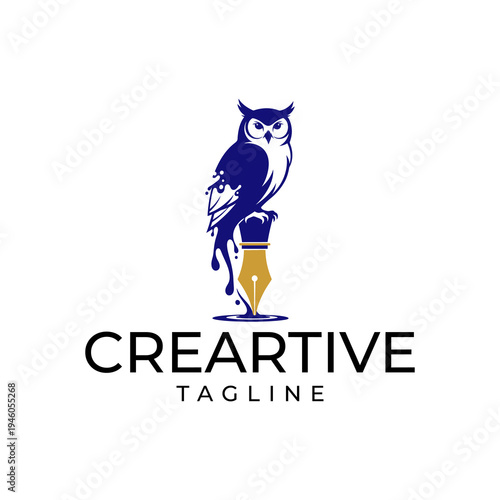 Wise Owl Perched on a Golden Ink Pen Logo Design.