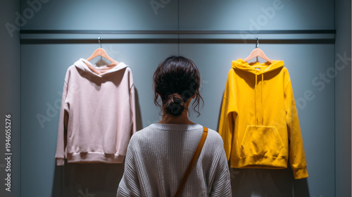 A person choosing between two outfits hanging on a rack in front of them