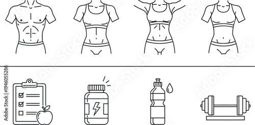 Line drawings of a person exercising with dumbbells isolated on transparent background