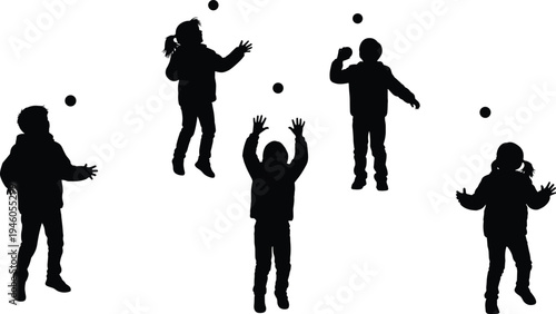 Children playing with balls silhouette set, active kids outdoor activity, playful childhood fun illustration isolated on white