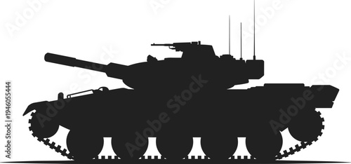 Military tank silhouette with cannon and tracks, armored combat vehicle illustration, army defense weapon technology battlefield concept