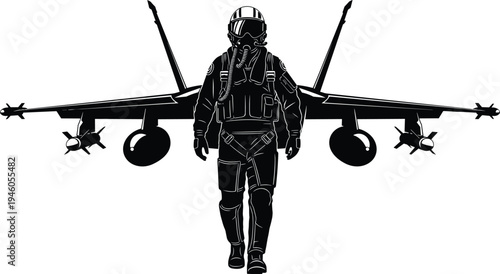Fighter jet pilot walking in front of military aircraft silhouette, air force aviation combat concept illustration isolated