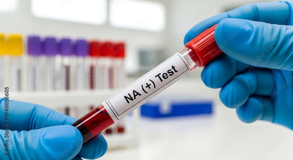 Naklejka premium Gloved hands holding a blood test tube labeled NA (+) Test in a laboratory setting.