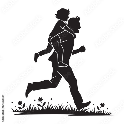 A happy father carrying his child on his back while running through a field of flowers in silhouette