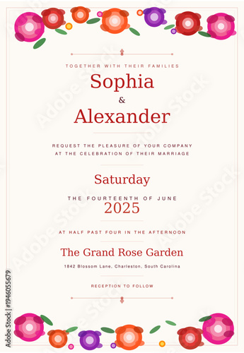 A stunning, print-ready wedding invitation template bursting with vibrant floral botanicals in rich magenta, deep crimson, coral, orange, and royal purple. Lush hand-crafted peonies and roses cascade