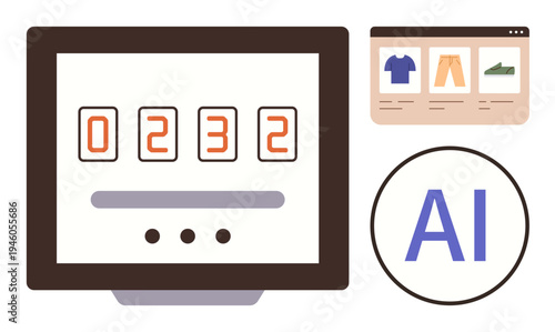 E-commerce, AI technology, retail innovation, digital automation, online shopping, analytics. Digital counter, AI text and product display. AI technology and e-commerce innovation concept