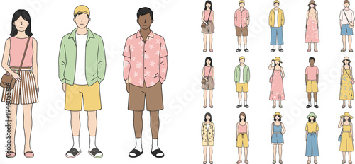 Collection of diverse young people wearing casual summer fashion outfits including shorts floral shirts and hats for seasonal lifestyle concept flat vector