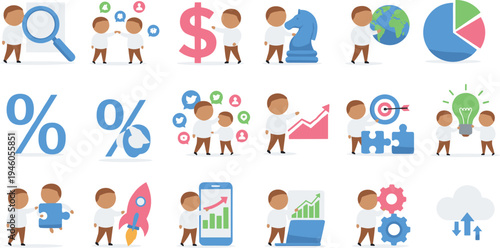Business and marketing icon set with cute characters representing growth strategy target social media and creative ideas for startup concept flat vector
