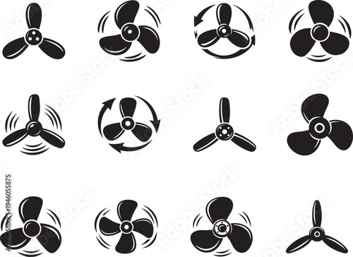 Propeller icon vector set with screw and blade symbols. Mechanical rotation sign collection for UI.