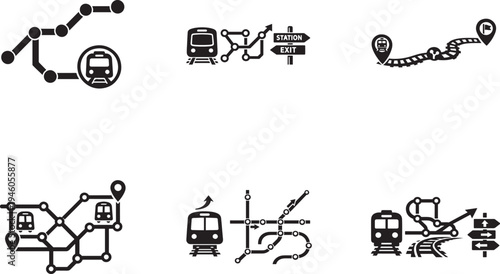 Train route icon set vector with railway navigation, metro line map symbols and direction signs for UI.