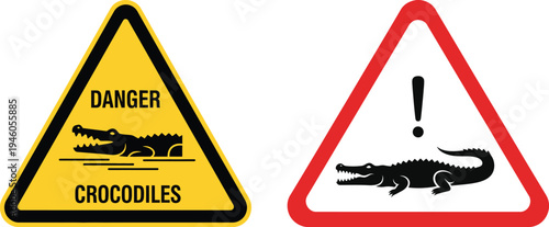 Danger Crocodiles Warning Sign Vector Set for Wildlife Safety and Dangerous Animal Alert 