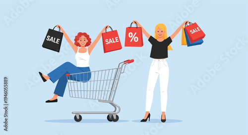 Happy Women Shopping with Cart and Discount Bags Vector Illustration