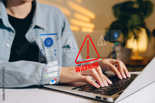 AI risk alert concept, person typing on laptop with digital warning interface, cybersecurity threat detection, online fraud prevention, data breach response, artificial intelligence oversight