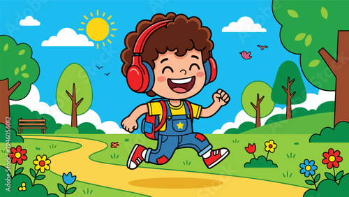 Happy child with headphones and backpack running freely on a beautiful sunny day in a lively green park, enjoying outdoor activities and childhood bliss
