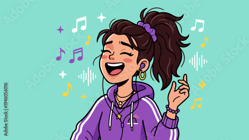 Vibrant illustration of a happy young woman with earphones, joyfully immersed in music, singing along with a cheerful expression and surrounded by musical notes and good vibes