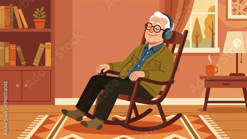 A contented senior man relaxes comfortably in a wooden rocking chair in his cozy living room, enjoying an immersive audio experience through headphones, finding peace at home