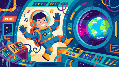 Young Astronaut's Cosmic Adventure Joyfully Floating and Grooving to Music Aboard a Spaceship with a Magnificent Earth View