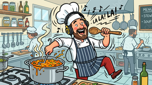 Joyful chef sings with headphones while cooking in a busy professional kitchen, showcasing passion and fun in culinary creation