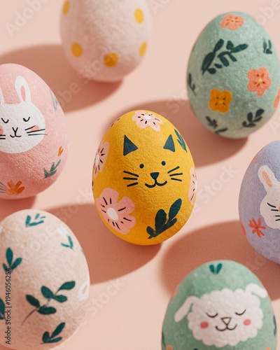 Colorful Easter eggs decorated with cute illustrated animals including a cat, bunny, and sheep on a soft pink background for festive spring celebrations