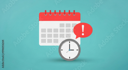 Calendar with red header and clock icon indicating time management and scheduling urgency on a teal background
