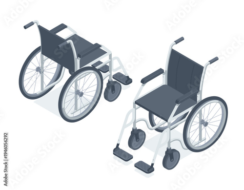 Isometric vector wheelchair front and back view, in color on a white background, medical equipment or for people with disabilities
