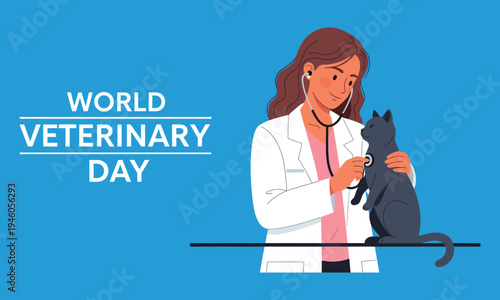 World veterinary day illustration with female veterinarian and dog
