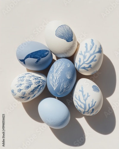 Set of Easter eggs decorated with marine life illustrations including a whale, seashells, and coral patterns arranged on a light background for a festive display