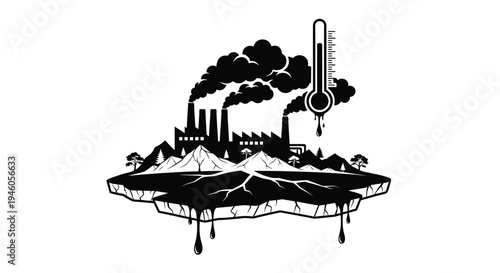 Global warming illustration depicting industrial pollution and a melting cracked earth