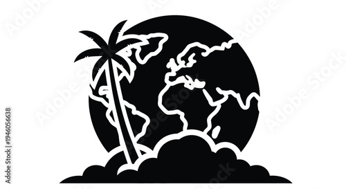 Tropical island scene with a world globe silhouette depicted in black and white