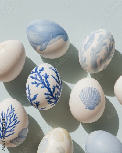 Set of Easter eggs decorated with marine life illustrations including whales, coral, and shells arranged on a light blue background for a festive spring theme
