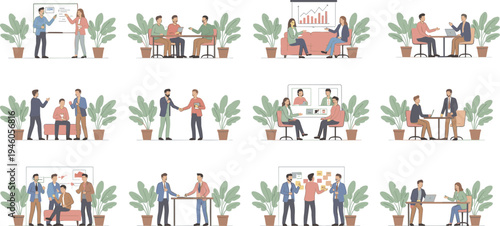 Large collection of business people working in eco friendly office with green plants having meetings presentations and interviews for teamwork concept flat vector