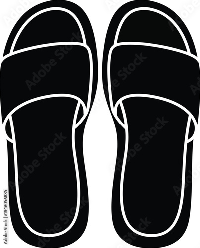 Black slide sandals footwear icon showing a pair of casual summer shoes from a top view