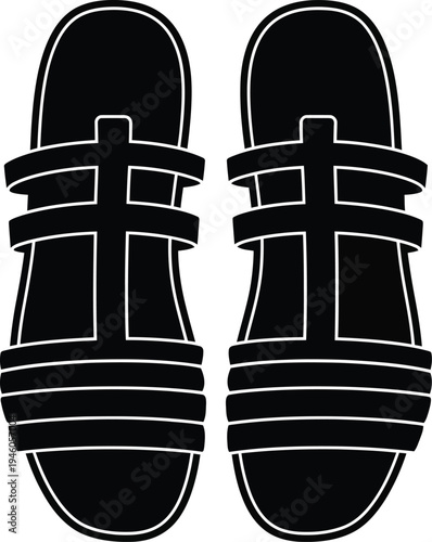 A pair of black gladiator style sandals with multiple straps and a t-strap design
