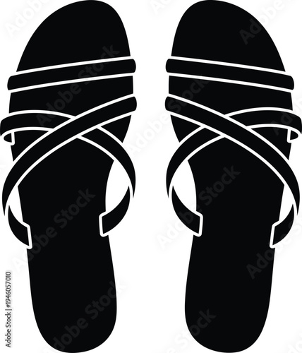 Black silhouette of a pair of women's strappy sandals with multiple thin straps.