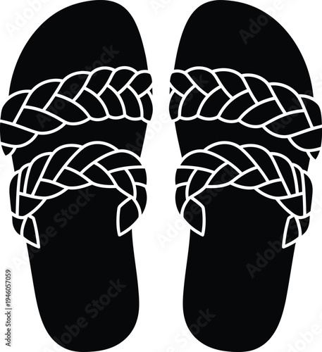 Black and white silhouette of a pair of summer sandals with braided straps and flat soles