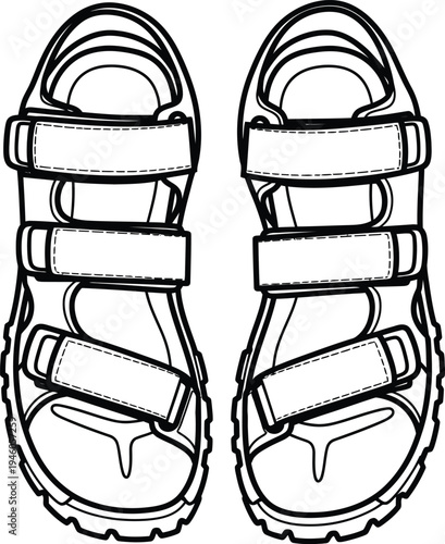 A black and white line drawing of a pair of comfortable sports sandals with adjustable straps.