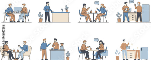 People talking and drinking coffee in office breakroom and cafe during work break for social interaction and coworking concept flat vector