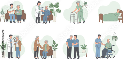 Professional caregivers and doctors providing medical assistance and support to elderly people in nursing home or hospital flat vector