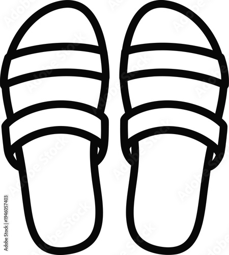 Simple black and white line art illustration of a pair of summer slide sandals with two straps