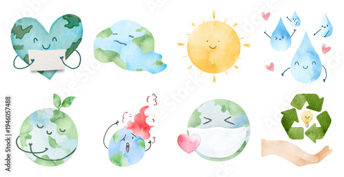 PNG Cute eco-friendly watercolor illustrations element set on transparent background