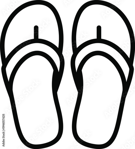 Simple black and white line art icon of a pair of summer flip flops for beach wear.