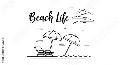 Vector illustration of beach scene with 2 umbrellas and chair
