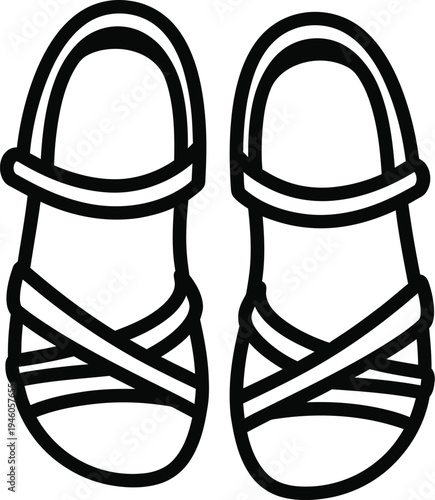 Simple black and white line art illustration of a pair of summer strappy sandals seen from above.