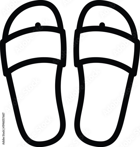 A simple black and white line art illustration of a pair of summer flip-flops or beach slippers.