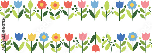 Seamless floral border collection with colorful spring flowers tulips and green leaves for decorative frame and greeting card design flat vector,