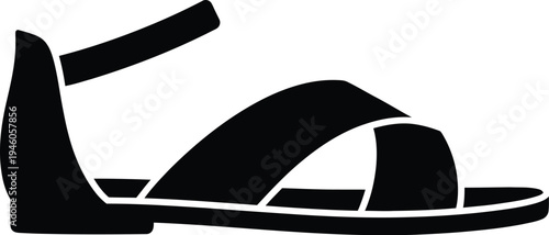 Black silhouette icon of a stylish women's flat sandal with an ankle strap and cross bands.