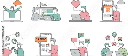 Young people using laptops and smartphones for social media communication online dating and digital marketing concept flat vector