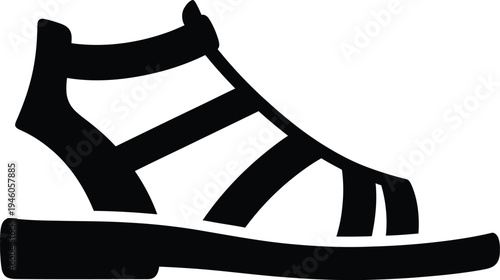 Black silhouette icon of a stylish gladiator sandal with multiple straps and a flat sole
